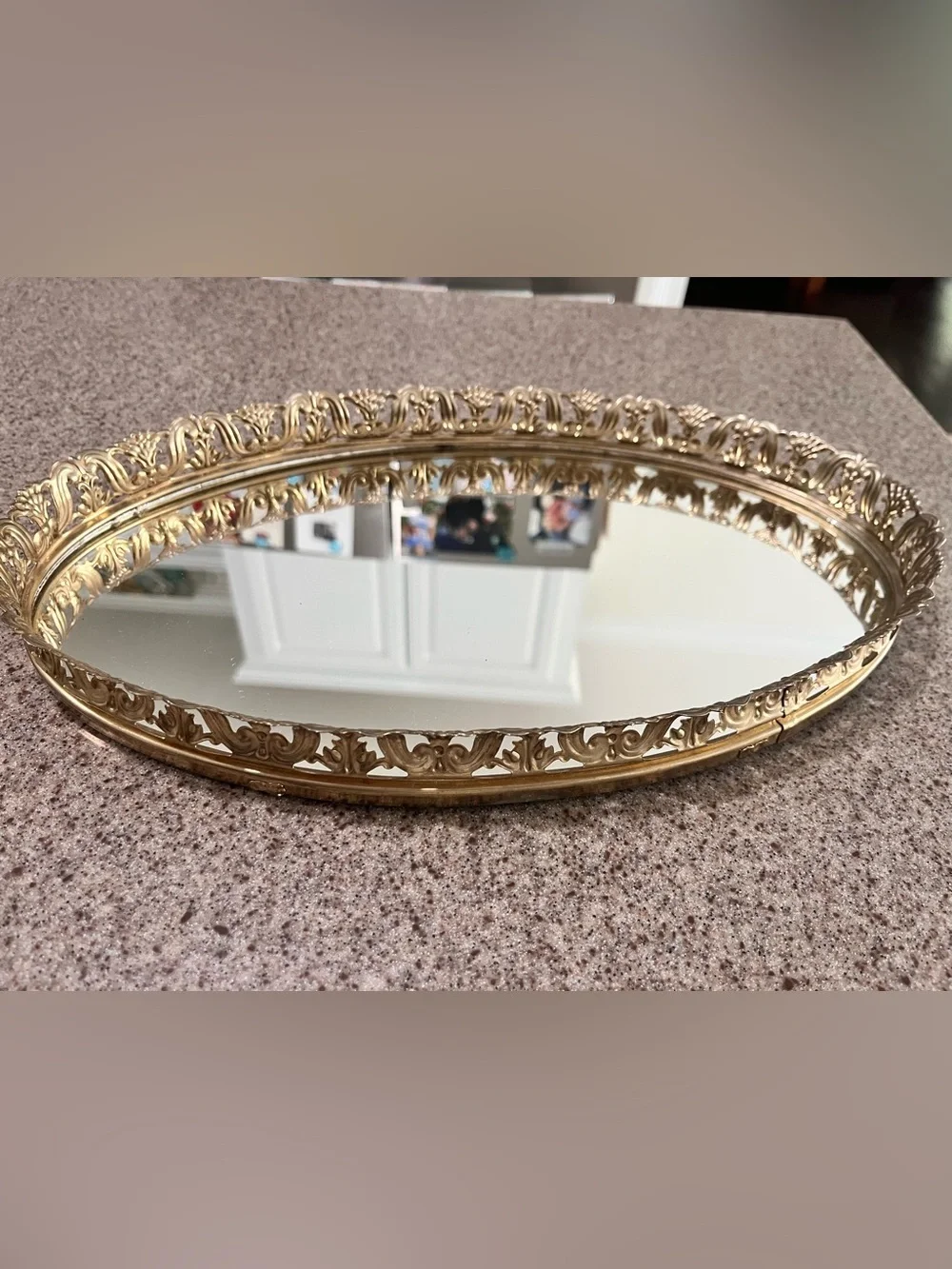 Vintage Ornate Gold Decorative Oval Vanity Mirror Tray Hollywood Regency Style